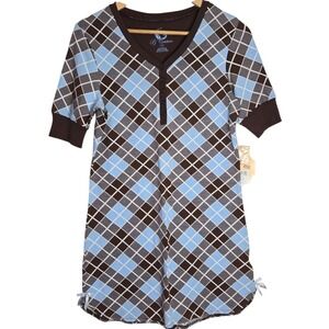 PJ Couture Womens Argyle Sleep Shirt Nightgown Brown Blue Henley NWT Large Comfy